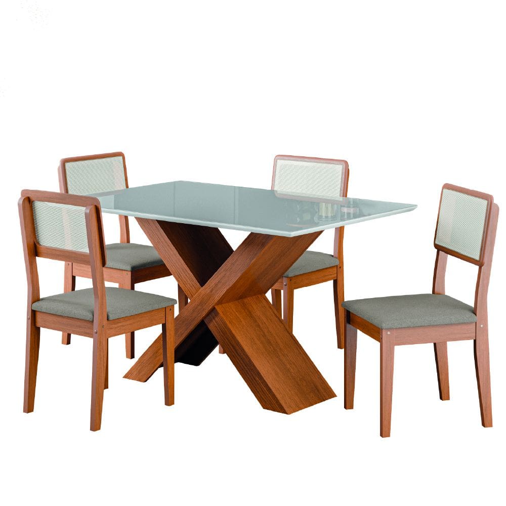 Conjunto de Mesa Sala de Jantar Tampo com Vidro 1,36m Grécia 4 Cadeiras Santiago Dobuê