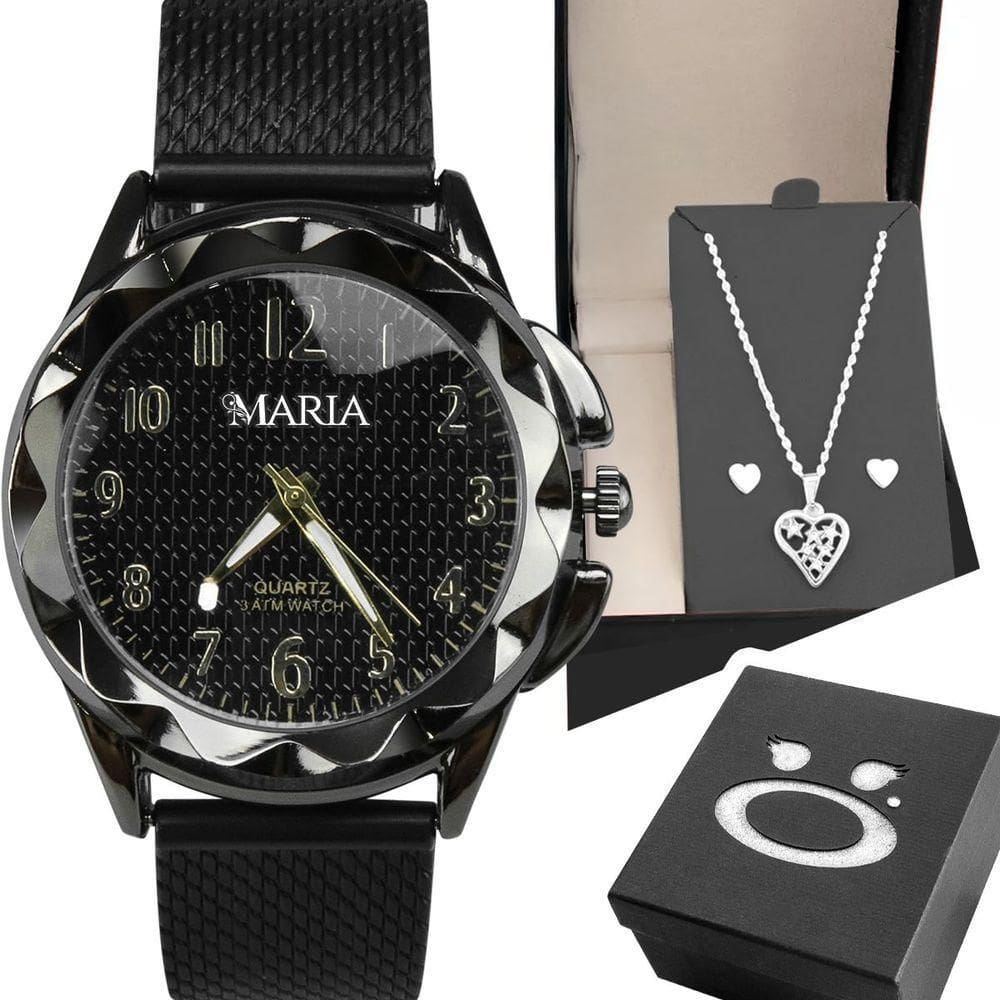 Relogio Feminino Aço Preto + Colar Brinco Coração + Caixa Black Piano Social Inoxidável autêntico