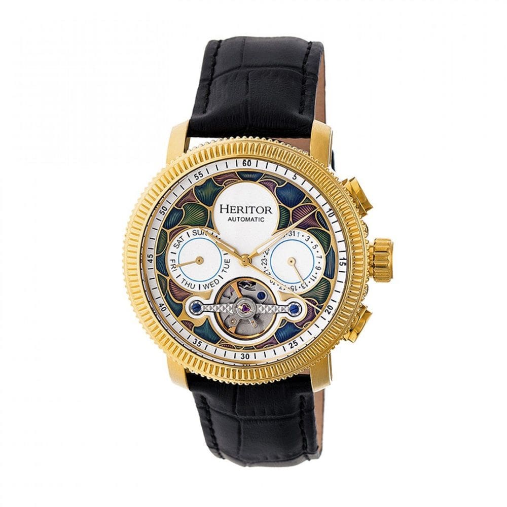 Relógio HERITOR Aura Semi-Skeleton para homens, pulseira de couro preta