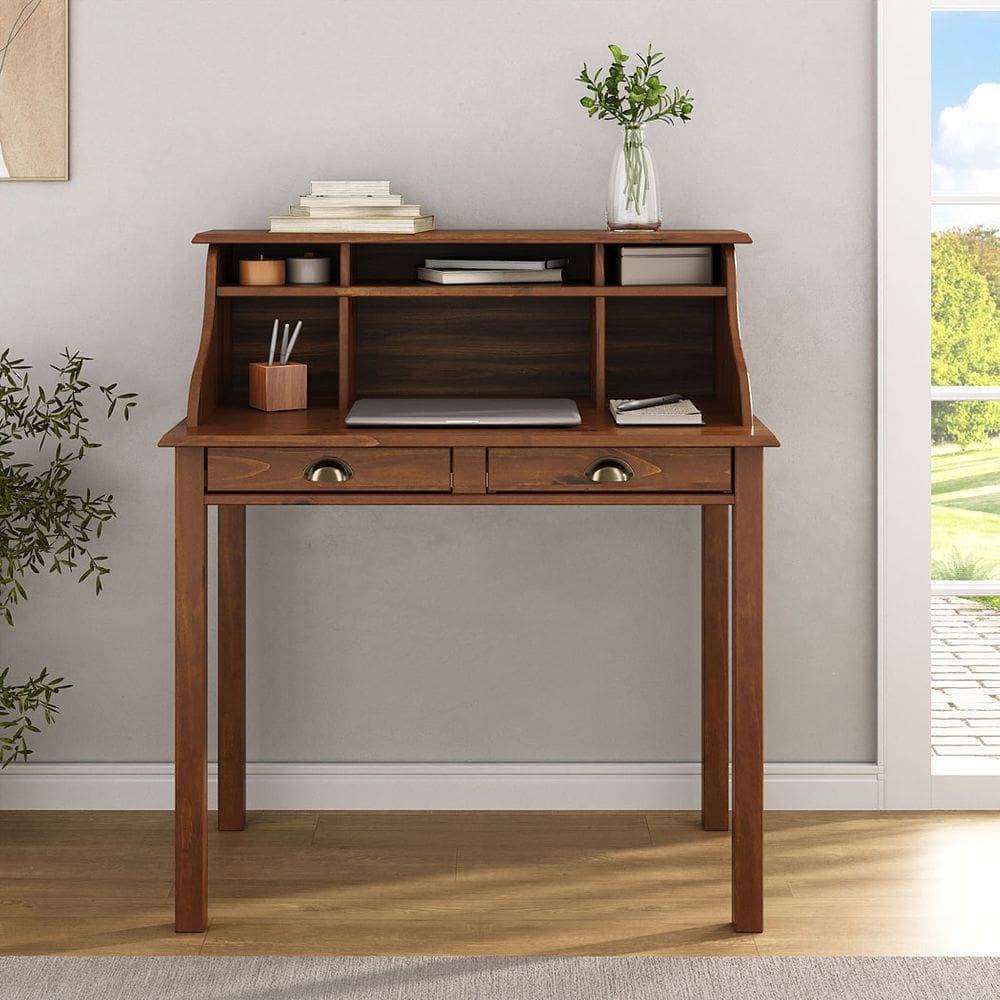 Escrivaninha Quarto Vintage 90cm Compacta 6 Nichos Madeira Castanho Marlene