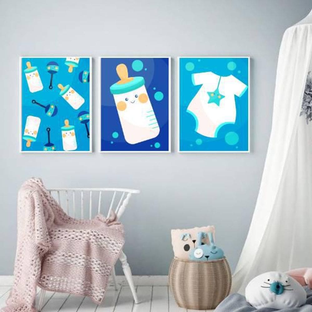Kit 3 Quadros Infantis Mamadeiras Azuis 24X18Cm Branco
