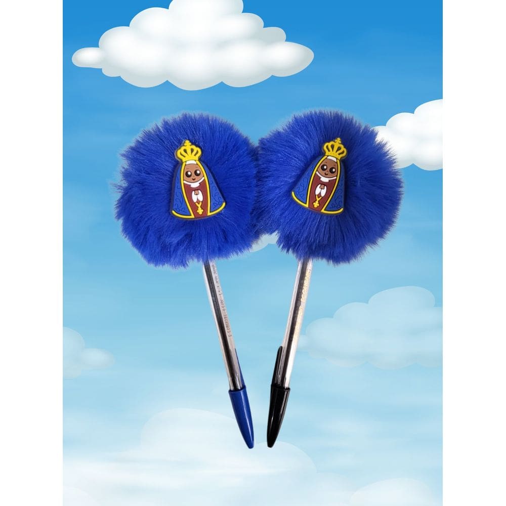02 Canetas Nossa Senhora Aparecida esferográficas pompom Kit religioso Nossa Senhora Aparecida 2 peças material escolar