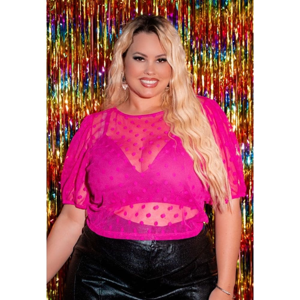 Blusa Plus Size Tule Poá Manga Bufante com Top