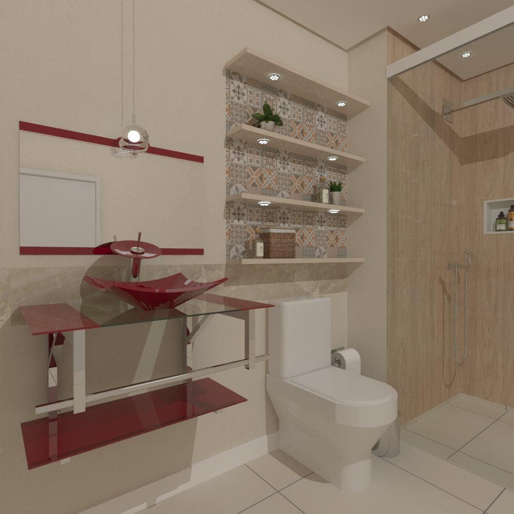 Gabinete De Vidro 70Cm Inox Com Cuba Quadrada - Vermelho