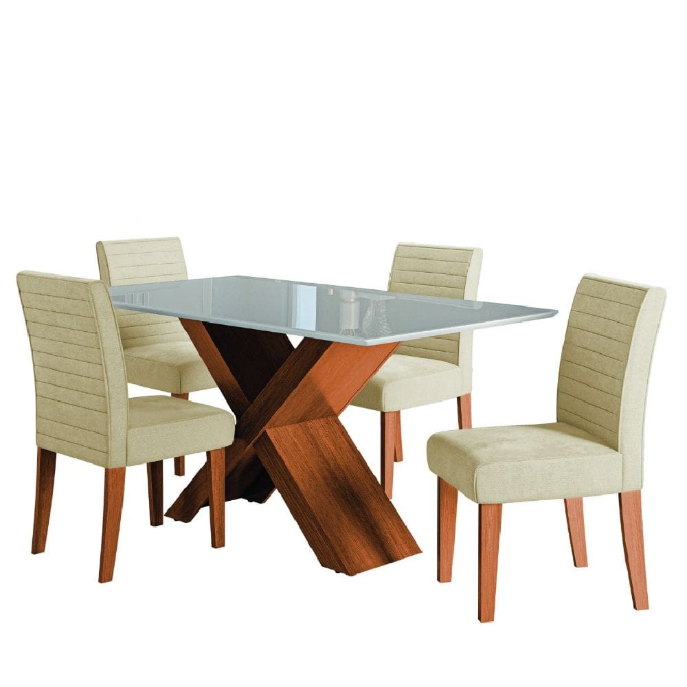 Conjunto de Mesa Sala de Jantar Tampo com Vidro 1,36m Grécia 4 Cadeiras Creta Dobuê