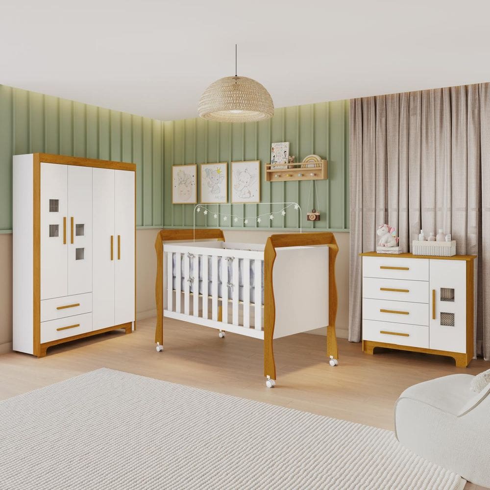 Kit Quarto Completo Para Bebê Soninho Branco Amadeirado