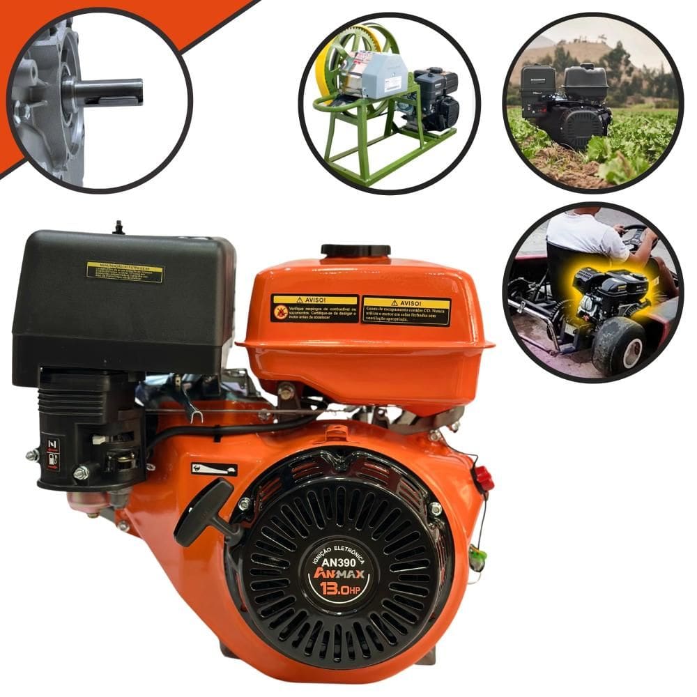 Motor Anmax AN390 À Gasolina Motor 4T 389cc 13HP 3.600rpm Com Partida Manual e Eixo Horizontal Chavetado 25,4mm Ideal Para Kart e Rabetas de Barco