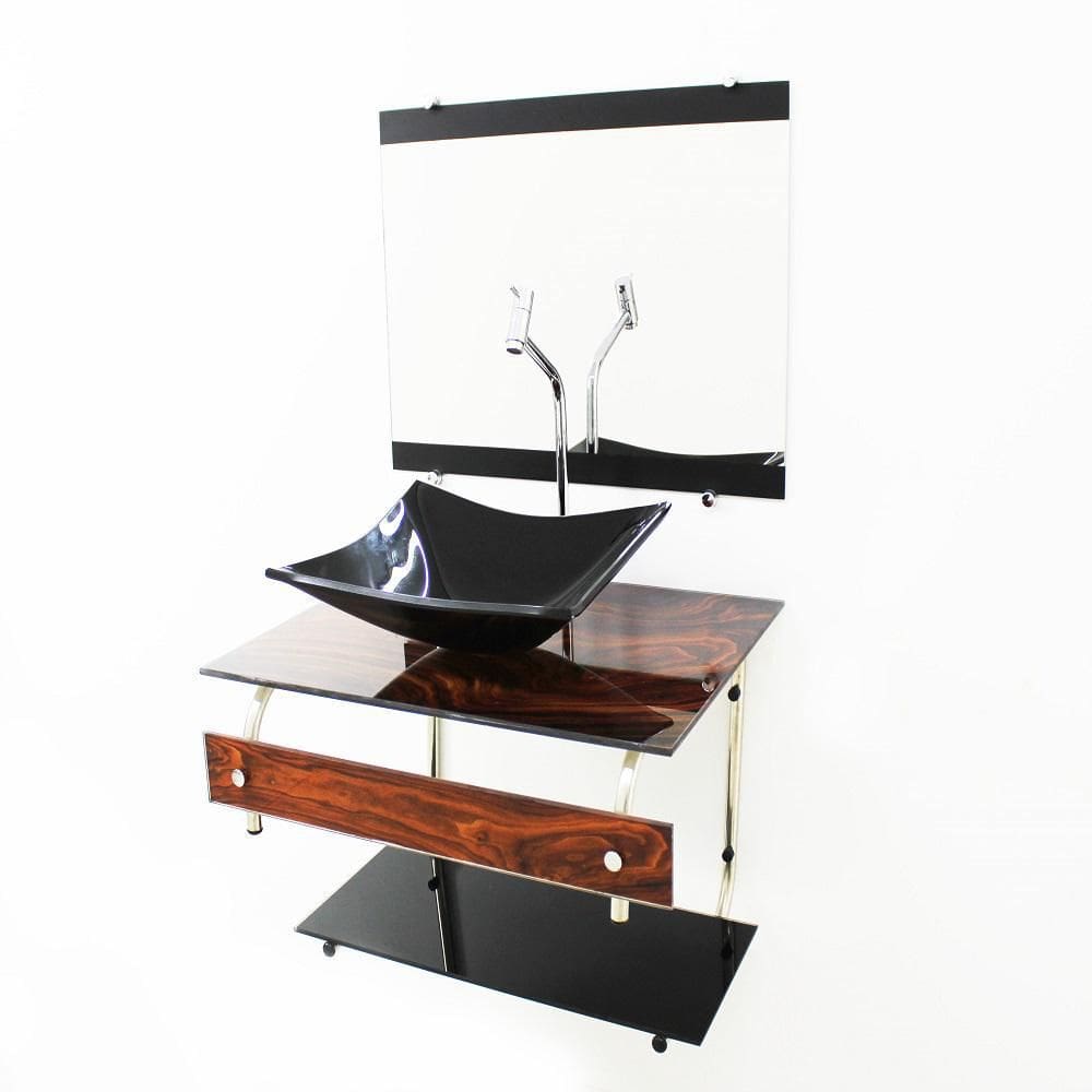 Gabinete De Vidro 60Cm Inox Com Cuba Retangular