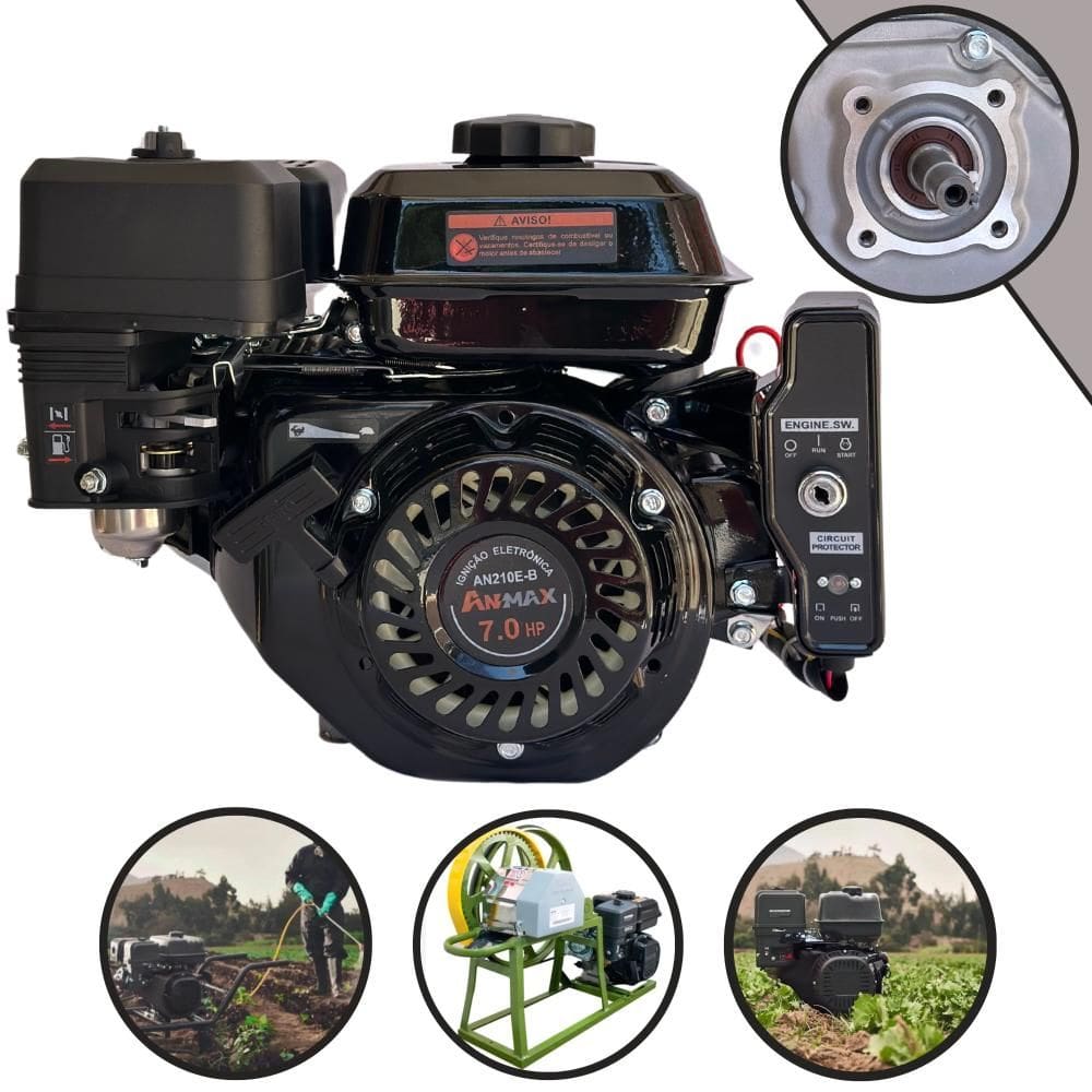 Motor Estacionário Profissional Anmax AN210E À Gasolina 4T 208cc 7HP de Potência Alta Rotação Com Partida Elétrica e Eixo Chavetado Horizontal 19,05mm