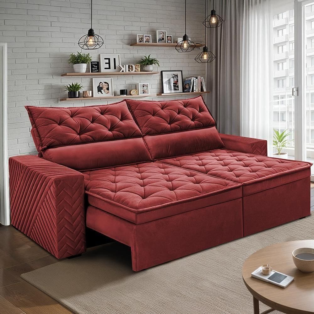 Sofá Retrátil E Reclinável 2,00m Essence Velusoft Vermelho Cama Inbox