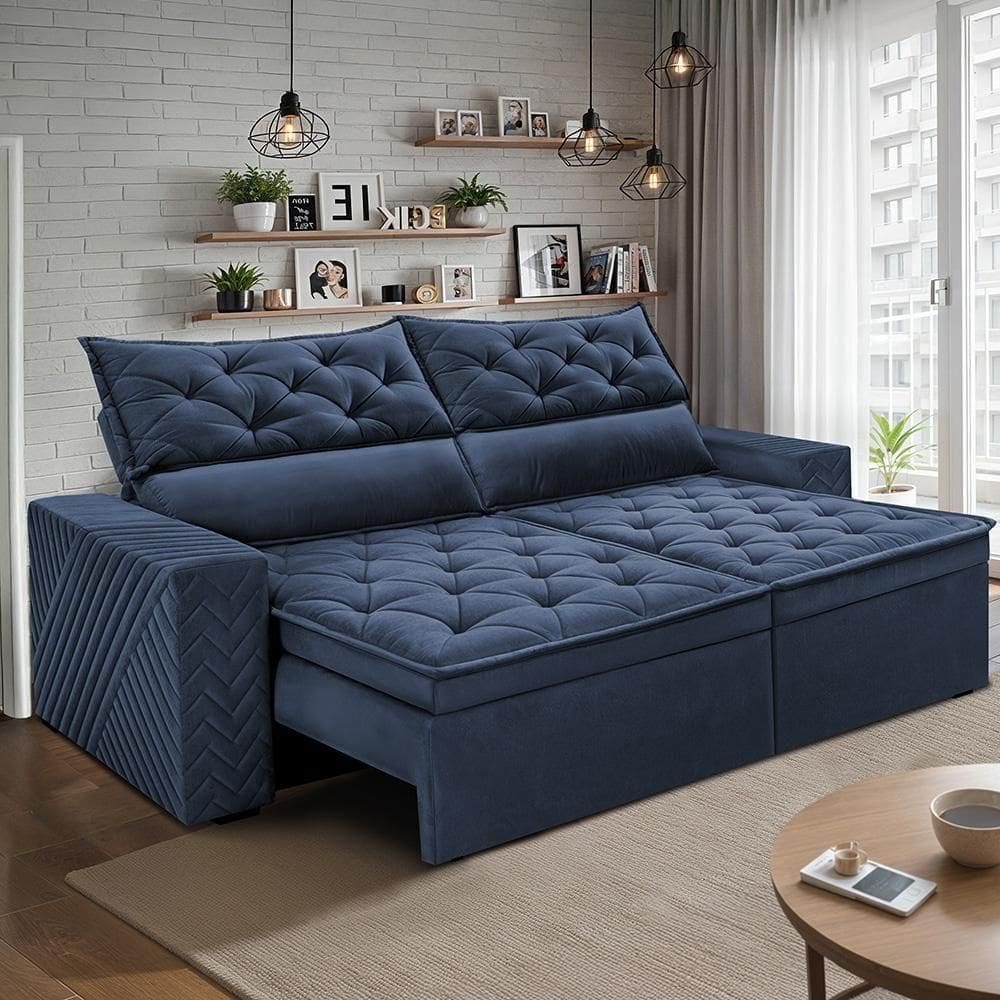 Sofá Retrátil E Reclinável 2,00m Essence Velusoft Azul Cama Inbox