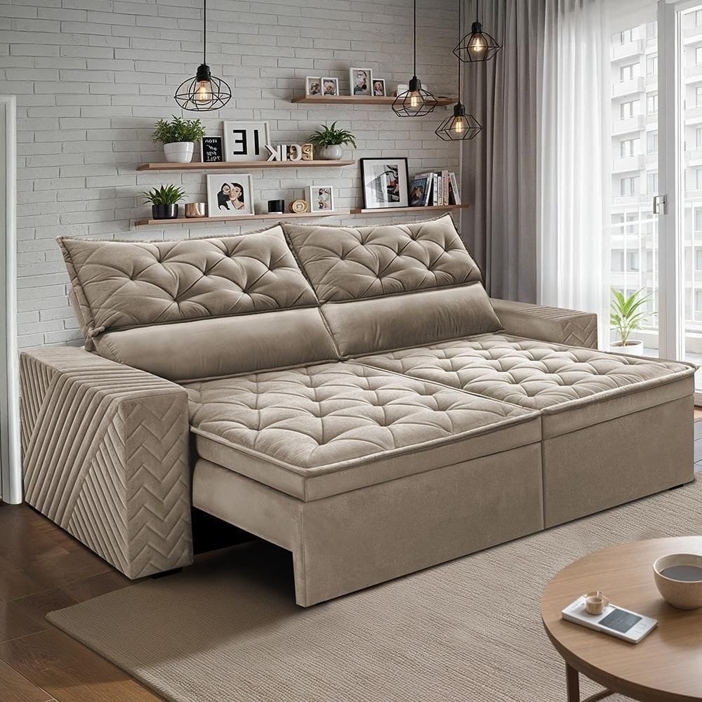 Sofá Retrátil E Reclinável 2,30m Essence Velusoft Bege Cama Inbox