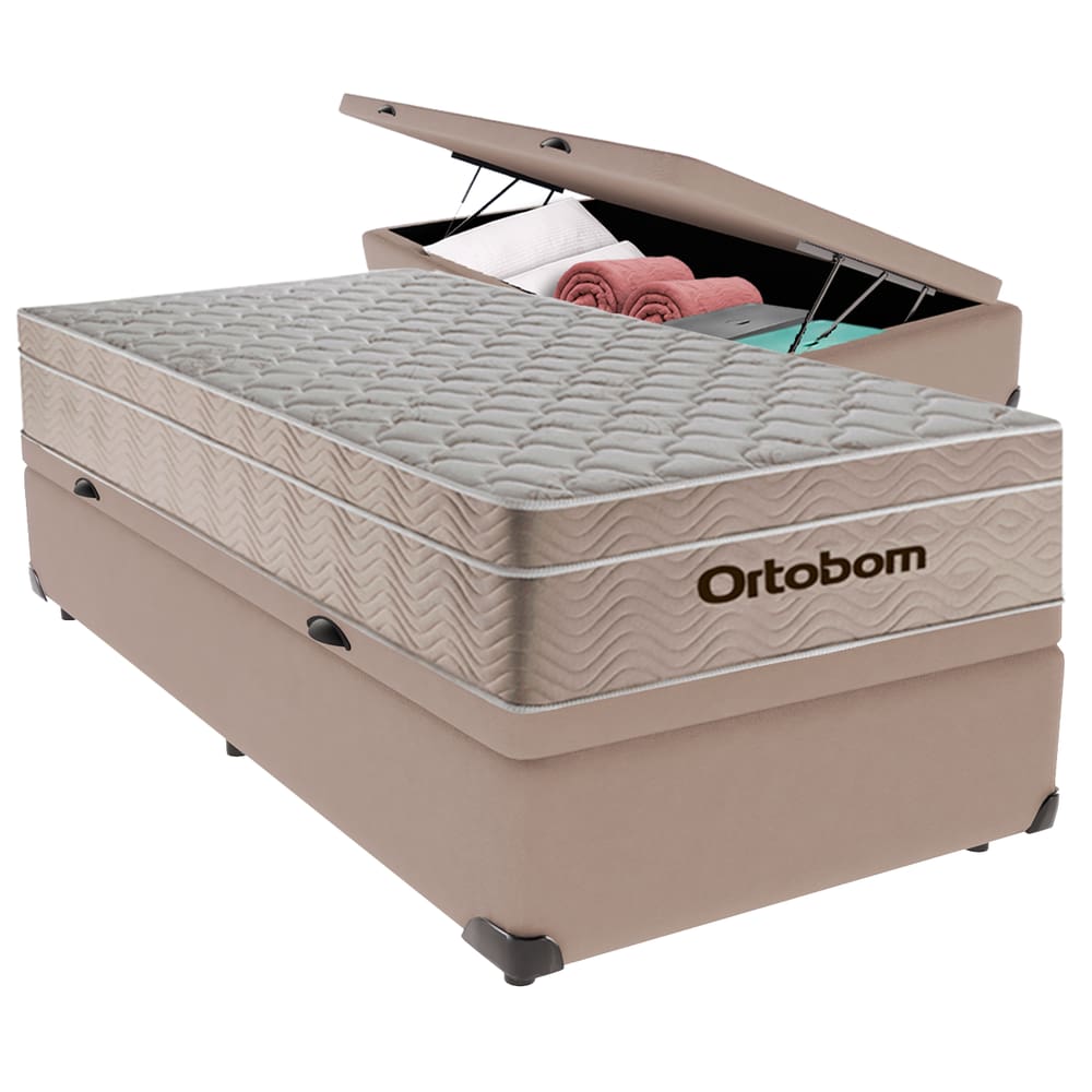 Cama Baú Solteiro Bege+Colchão Airtech Molas Ortobom