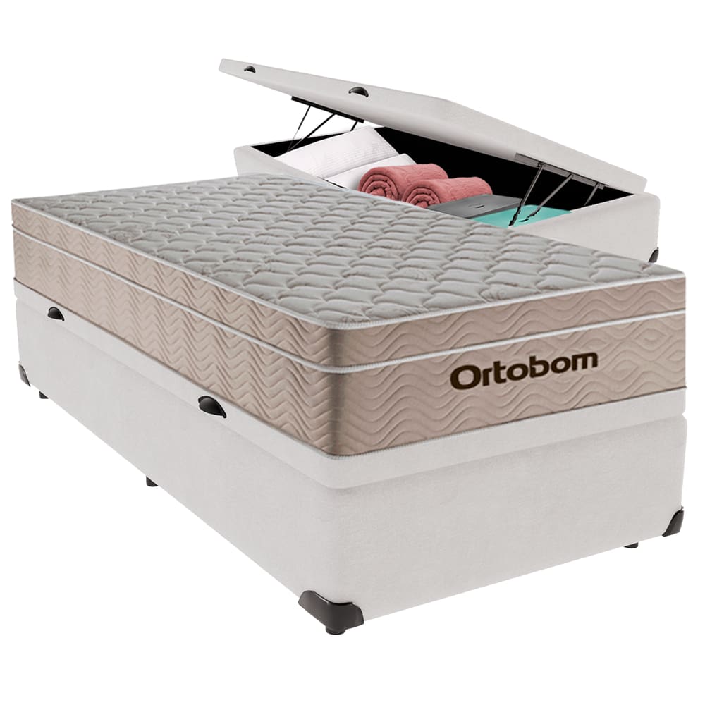 Cama Baú Solteiro Branco+Colchão Airtech Molas Ortobom