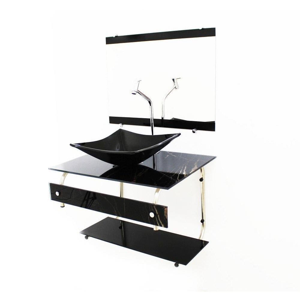 Kit Gabinete 60Cm Cuba Quadrada Mármore Preto + Torneira
