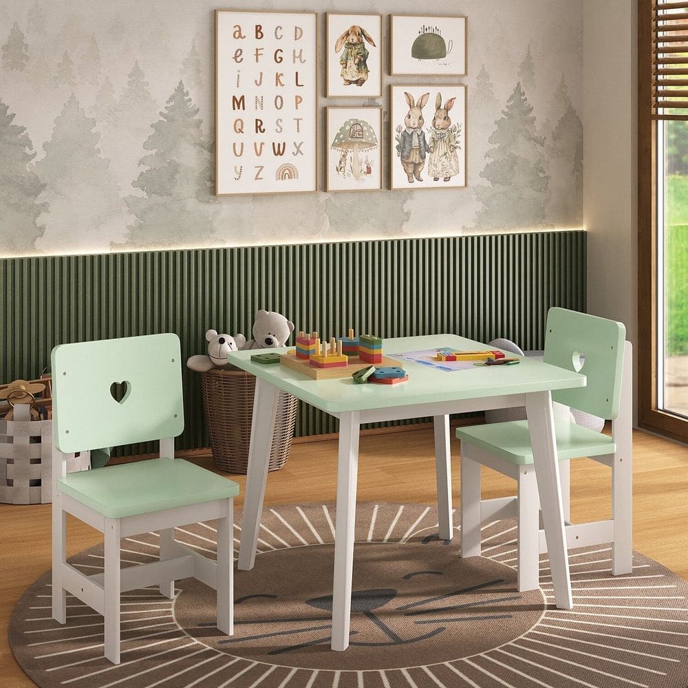 Conjunto Infantil Mesa com 2 Cadeiras Madeira de Pinus Sofia Branco / Verde