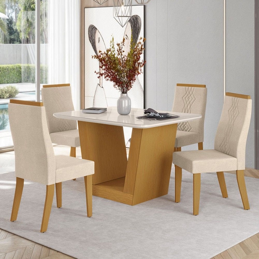 Mesa de Jantar 4 Lugares Viena Luna com Vidro Natural/Bege - Art Panta