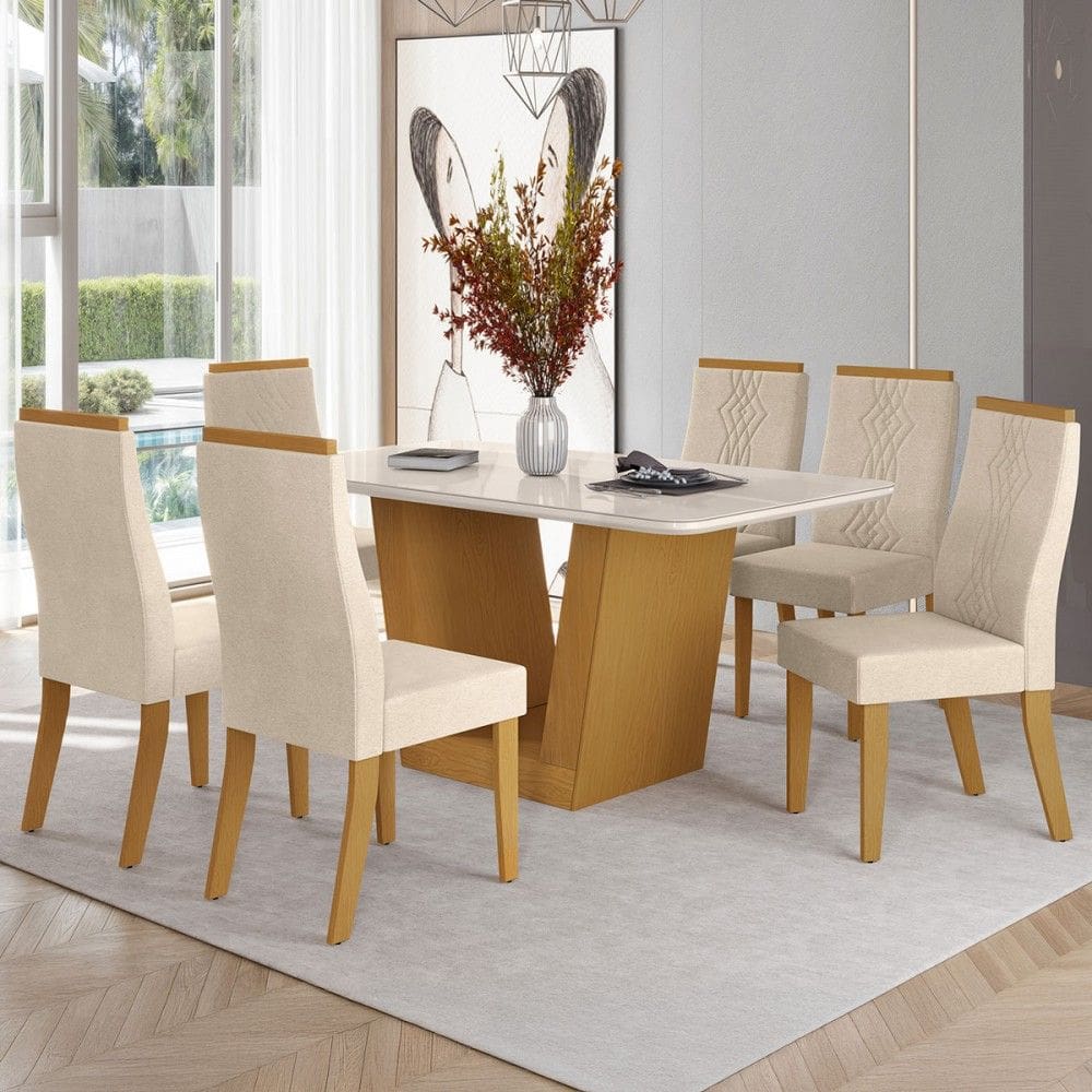 Mesa de Jantar 6 Lugares Viena Luna com Vidro Natural/Bege - Art Panta