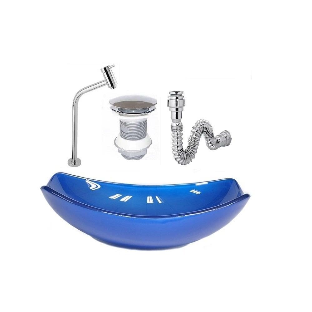 Cuba Vidro Chanfrada Azul Escuro + Valvula + Torneira +Sifao