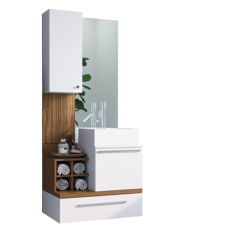 Gabinete para Banheiro 60cm com Espelho Armário Suspenso MDF Arte Cas Alteza Branco/Marrom