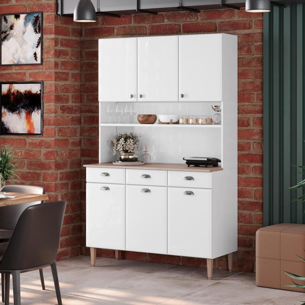 Kit de Cozinha Compacta 120cm em Aço Branco Retrô