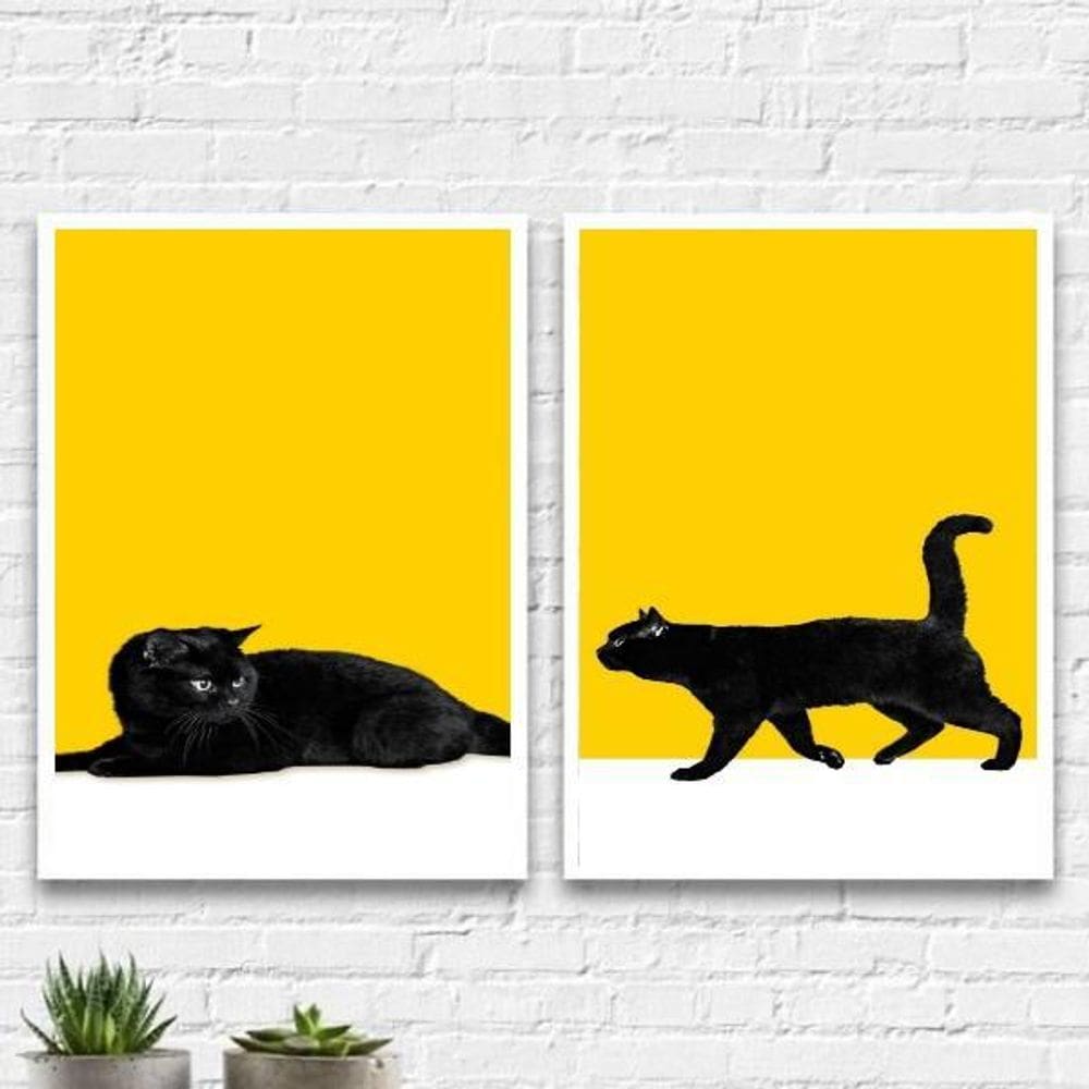 Kit 2 Quadros Gato Preto Fundo Amarelo 45X34Cm - Com Vidro