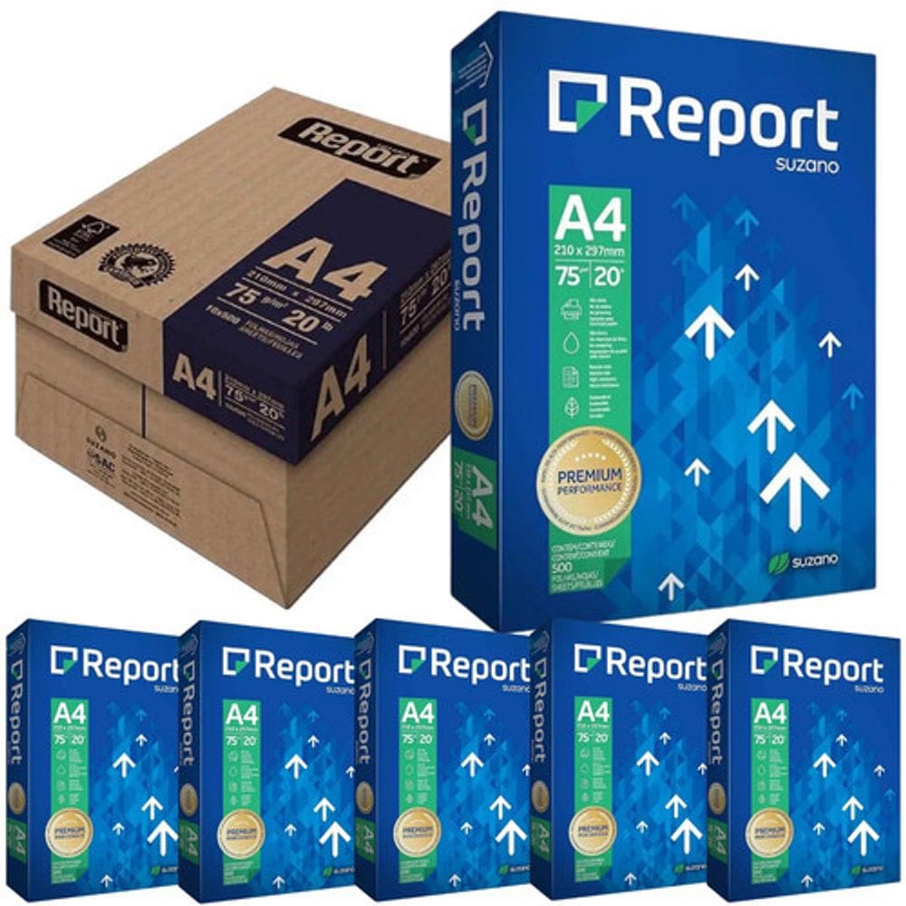 Caixa com 5 Resma Papel Sulfite A4 75g Report Total 2500 Folhas
