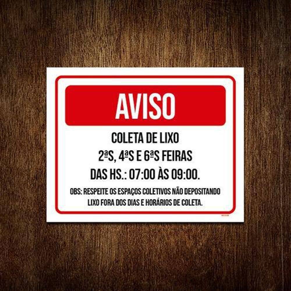 Kit 10 Placa Sinalização - Aviso Coleta De Lixo Horários