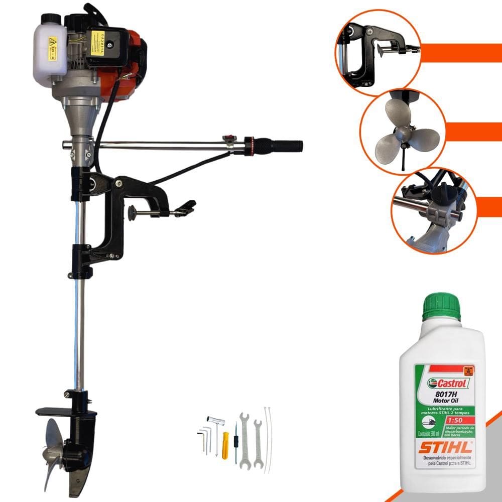 Motor de Popa Alta Rotação Import Way IWMPG2T52 À Gasolina 52cc 2,5HP 7.500rpm Rabeta Completa Com Hélice 16cm P/ Barcos de Porte Pequeno + ÓLEO STIHL