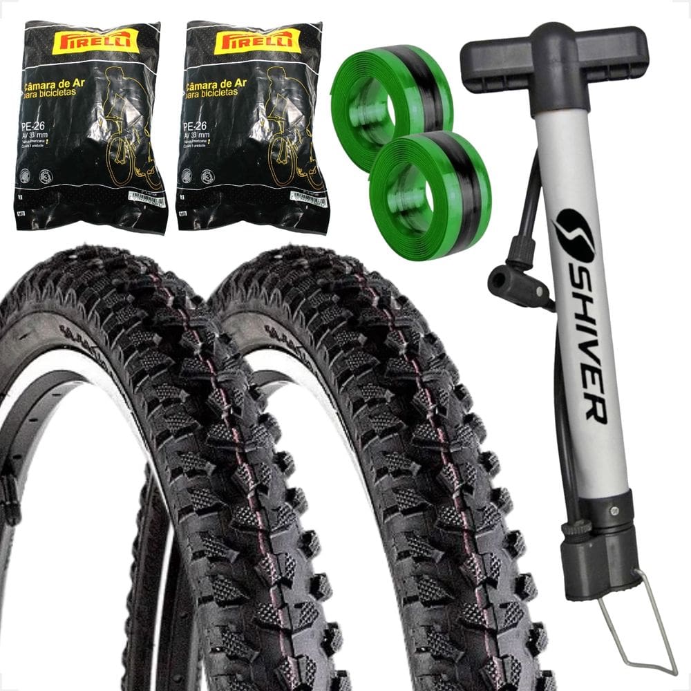 PAR Pneu bicicleta Levorin Excess aro 26 x 1.95 Cravudo banda leve + PAR Camara Pirelli + Bomba fita