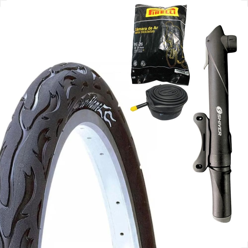 Pneu Bicicleta Kenda Flame Balão Aro 26 x 2.125 Liso Fogo + Camara Pirelli Bombinha de ar portatil