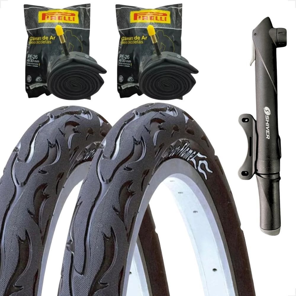 PAR Pneu Bicicleta Kenda Flame Balão Aro 26 x 2.125 Liso Fogo + PAR Camara Pirelli Bomba portatil
