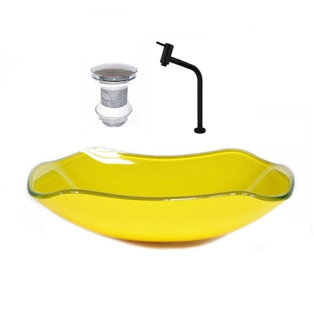 Cuba De Vidro Abaulada 45Cm Amarelo + Valvula + Torneira