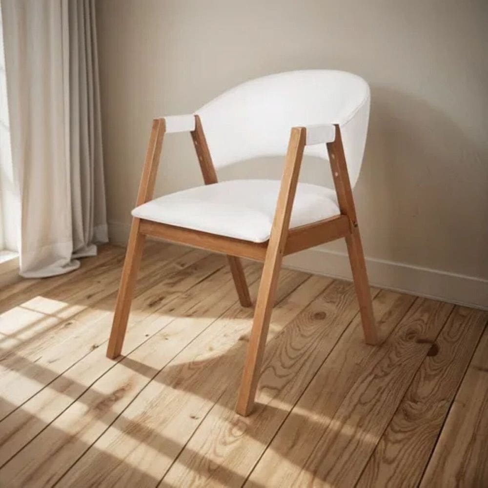 Cadeira Madeira de Eucalipto Estofada Courino Hibisco Branco/Amêndoa