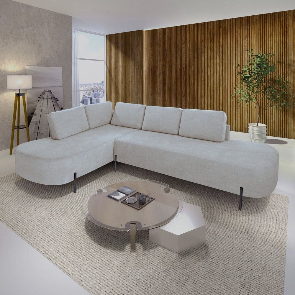Sofá de Canto Orgânico 4 Lugares 265cm Base de Ferro Chaise Esquerda Luna Gelo