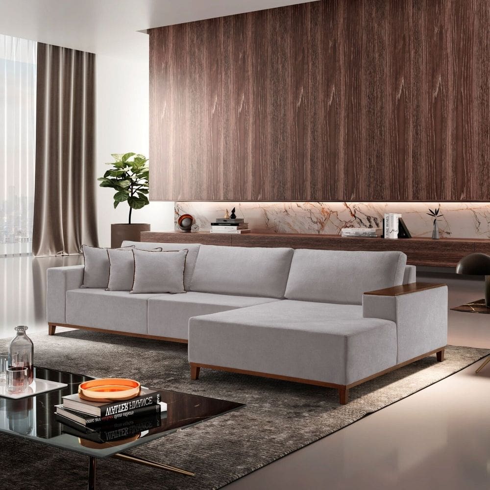 Sofá 4 Lugares com Chaise Linho 270cm Grécia Cinza