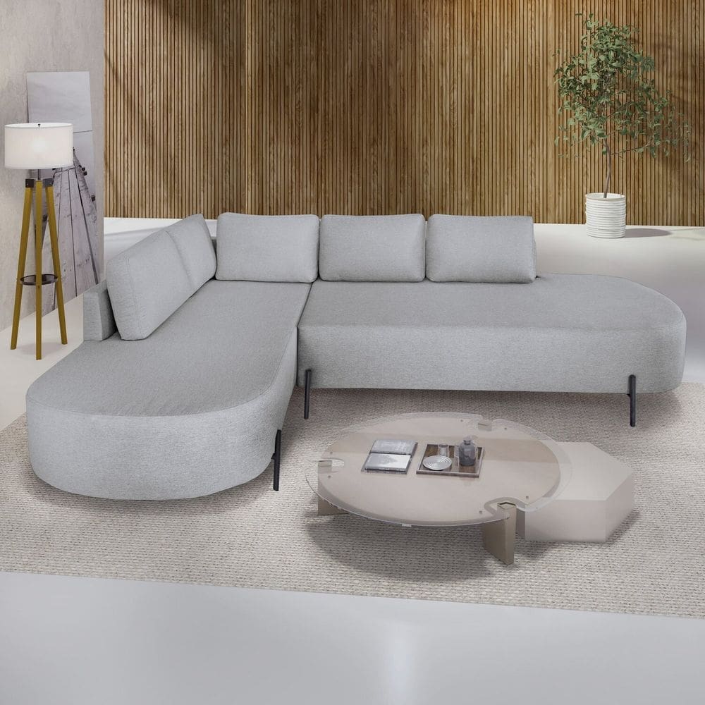 Sofá de Canto Orgânico 4 Lugares 265cm Base de Ferro Chaise Esquerda Luna Gelo