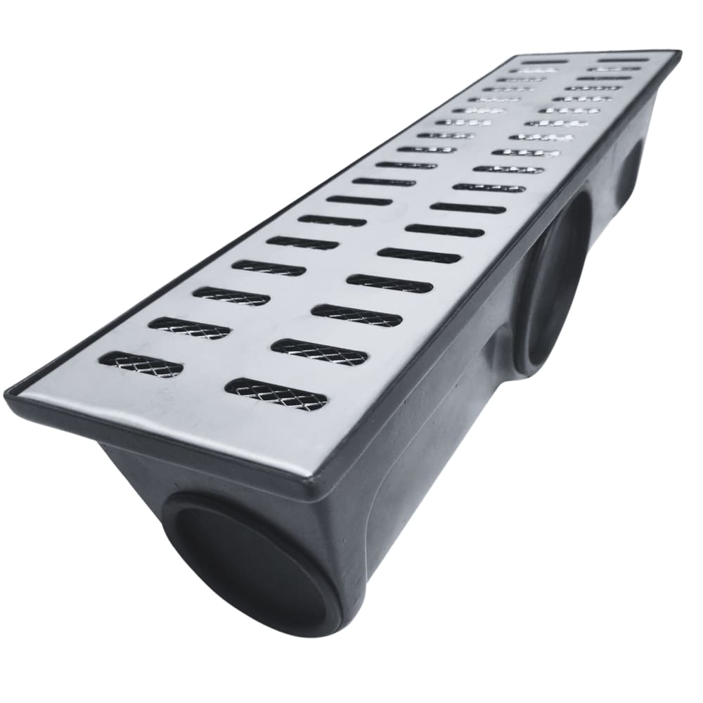 Ralo Linear 15x50 Inox 304 e Cocho 3 Saídas 75mm para Áreas Externas, Piscinas e Decks