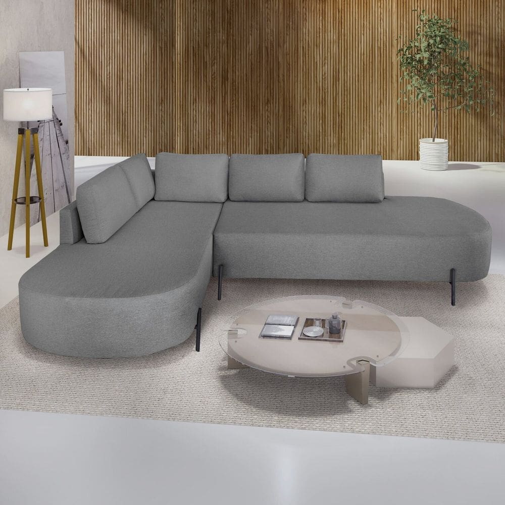 Sofá de Canto Orgânico 4 Lugares 265cm Base de Ferro Chaise Esquerda Luna Cinza