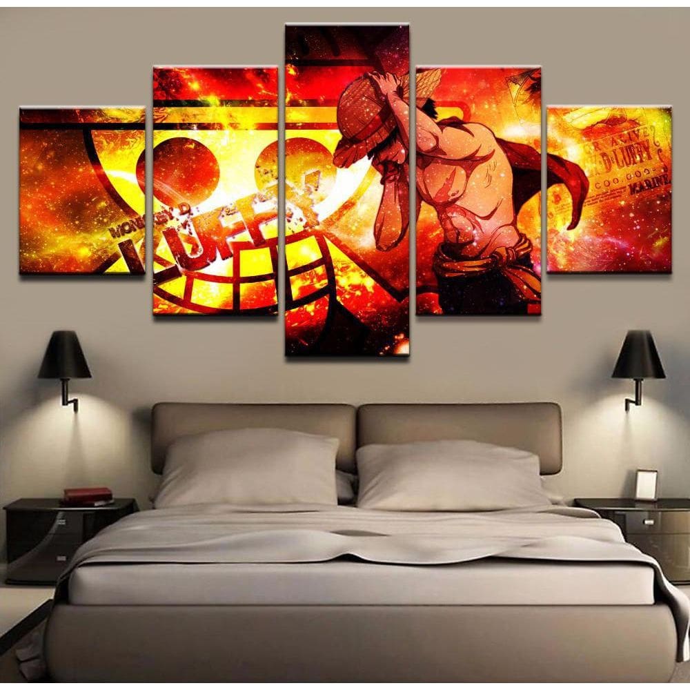 Quadros Decorativos 5 Peças Luffy Chamas One Piece