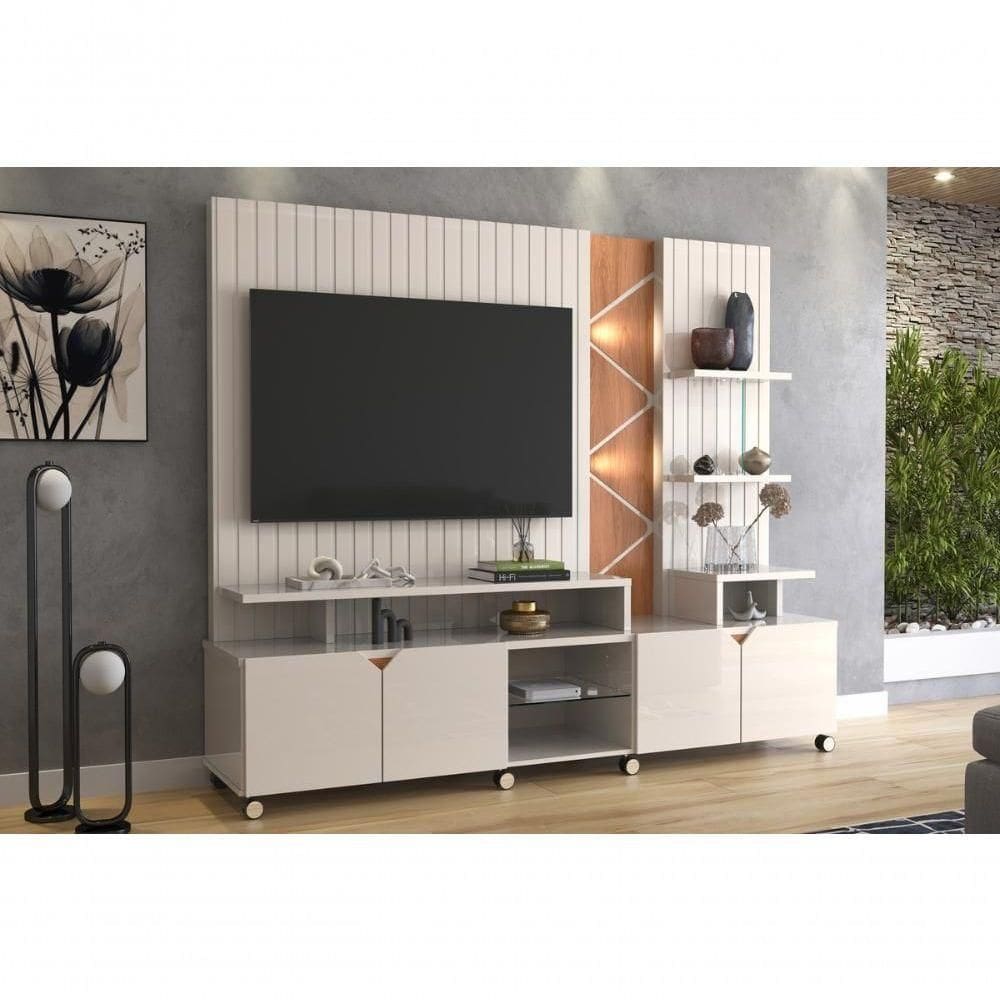 Home Cross Frisado Painel P- Tvs Até 55`` C- 4 Portas E Prateleiras P- Decoração - Off White Perolizado-jequitiba