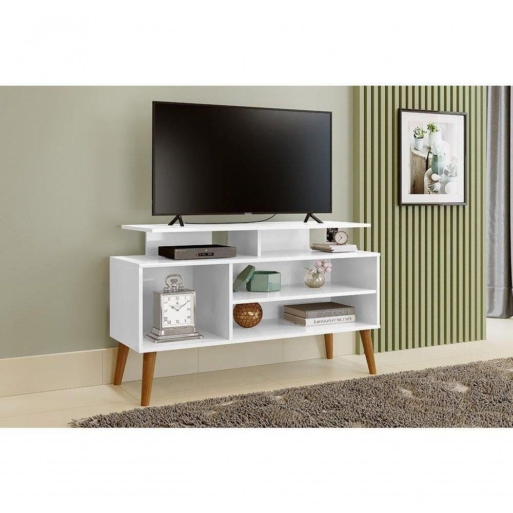 Rack Tv 42 Com Nicho Pés Madeira Retrô Lyon Branco - Carmolar