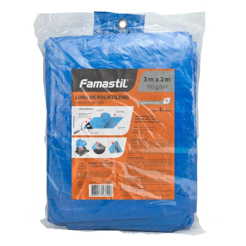 Lona Plástica Azul Famastil com Ilhos Cantos Reforçados 3mx2m