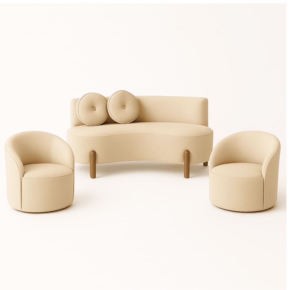 Kit 02 Poltronas Gaia +Sofá Living Decorativo Curvo Orgânico Boucle Bege - Montanaris Decor