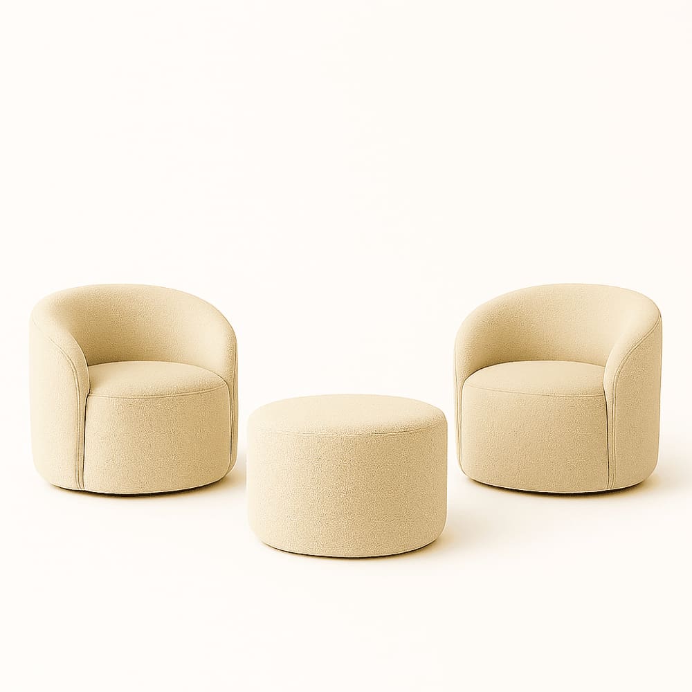 Kit 02 Poltronas Gaia + Puff Living Decorativo Curvo Orgânico Boucle Bege - Montanaris Decor