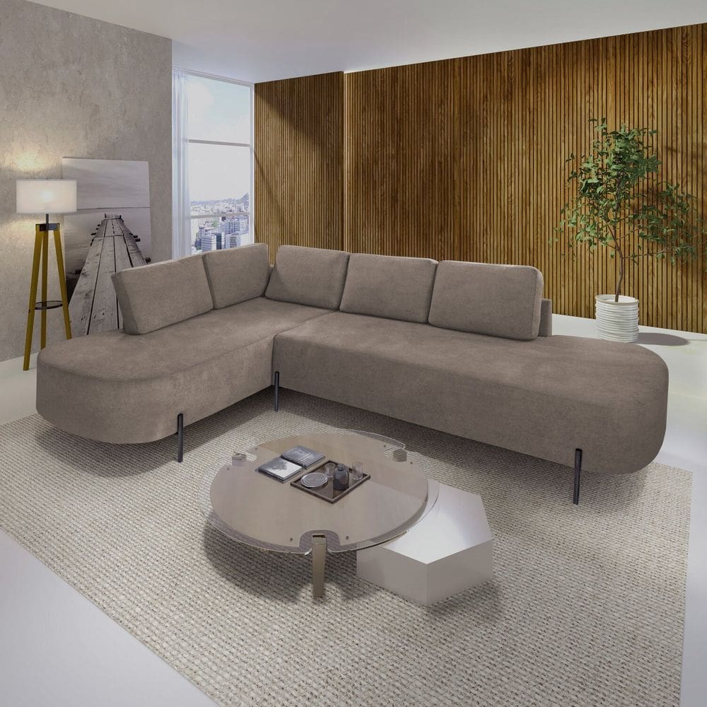 Sofá de Canto Orgânico 4 Lugares 265cm Base de Ferro Chaise Esquerda Luna Bege Escuro