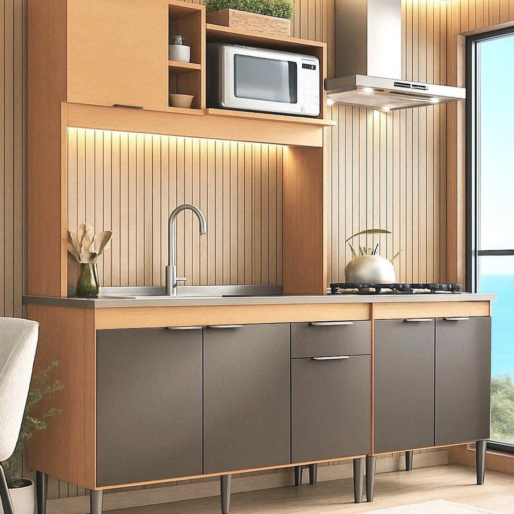 Cozinha Compacta 120cm com Balcão Cooktop Elegance Freijó / Grafite