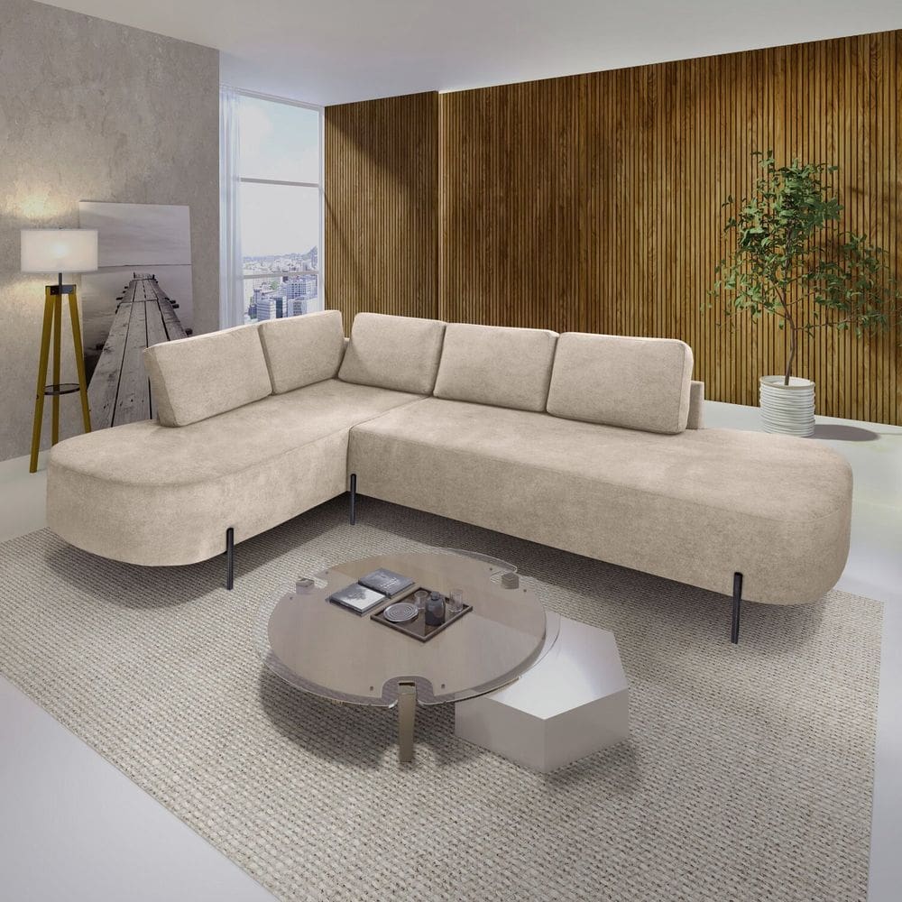 Sofá de Canto Orgânico 4 Lugares 265cm Base de Ferro Chaise Esquerda Luna Bege Claro