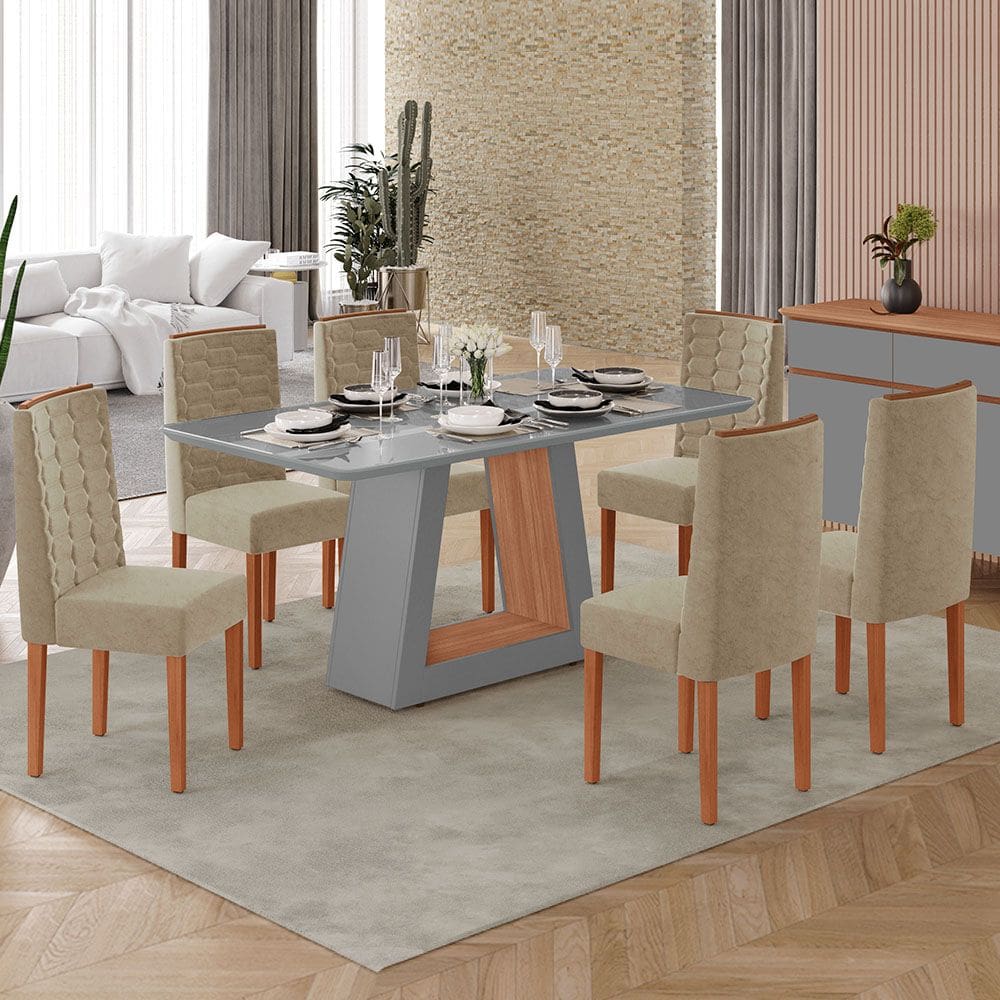 Sala de Jantar Heloize 100% MDF Tampo de Vidro 1,60 + 6 Cadeiras Acolchoadas Coral Tuboarte