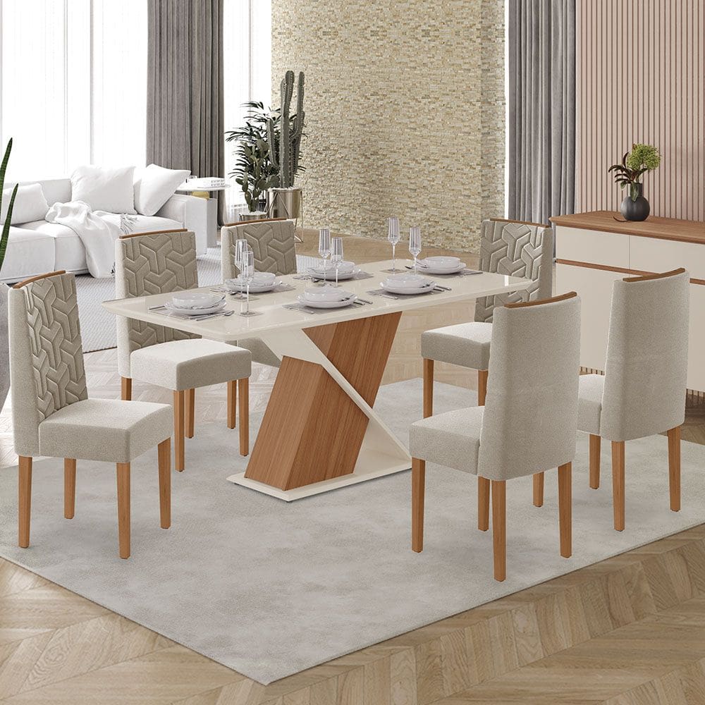 Conjunto de Sala Suzan 1,60 +6 com Cad Olimpia 100% MDF Tampo de Vidro Tuboarte